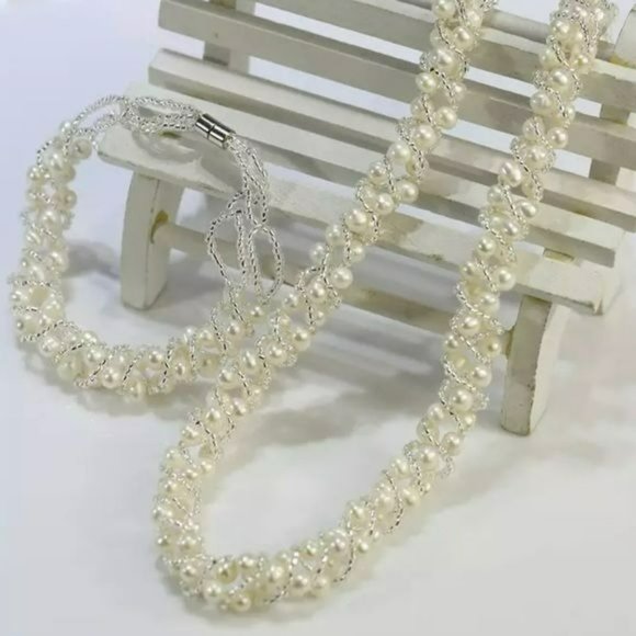 White Freshwater Pearls With Crystals Woven Thread Necklace Set Magnetic Clasp - Picture 4 of 8